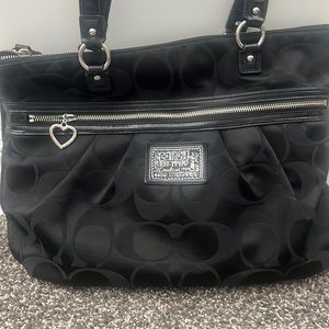 Coach Signature Poppy Diasy Black Jacqard Sateen Canvas Large Tote Bag